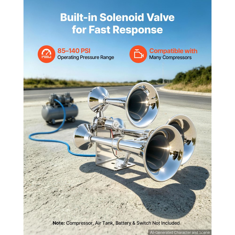 VEVOR 3-Trumpet Air Horn 150dB Super Loud Train Horn for Trucks SUVs, Fits 12V/24V Vehicles & Boats, Powerful Sound, Strong Penetration, Built-in Solenoid Valve, High Airtightness, Heavy-Duty Metal