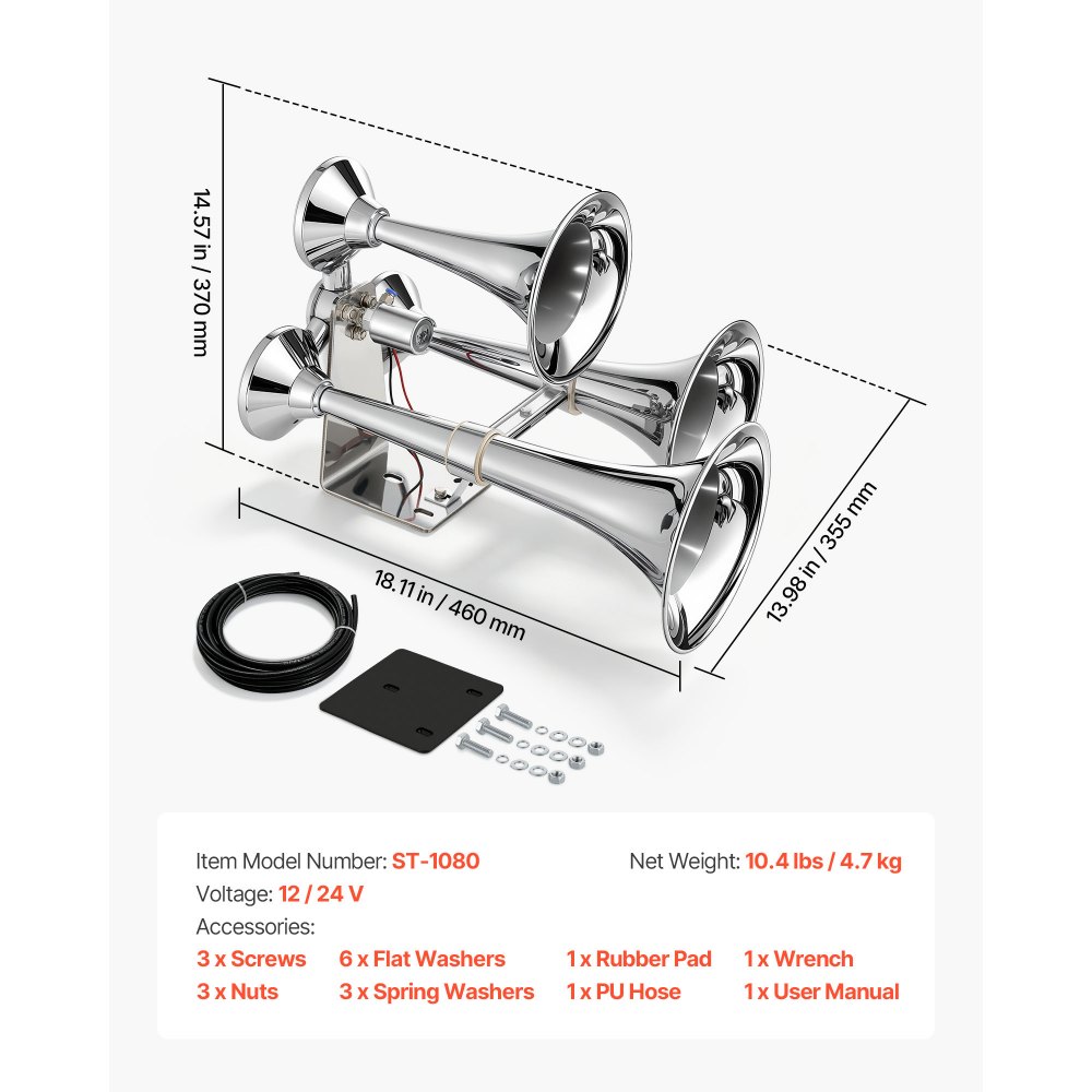 VEVOR 3-Trumpet Air Horn 150dB Super Loud Train Horn for Trucks SUVs, Fits 12V/24V Vehicles & Boats, Powerful Sound, Strong Penetration, Built-in Solenoid Valve, High Airtightness, Heavy-Duty Metal