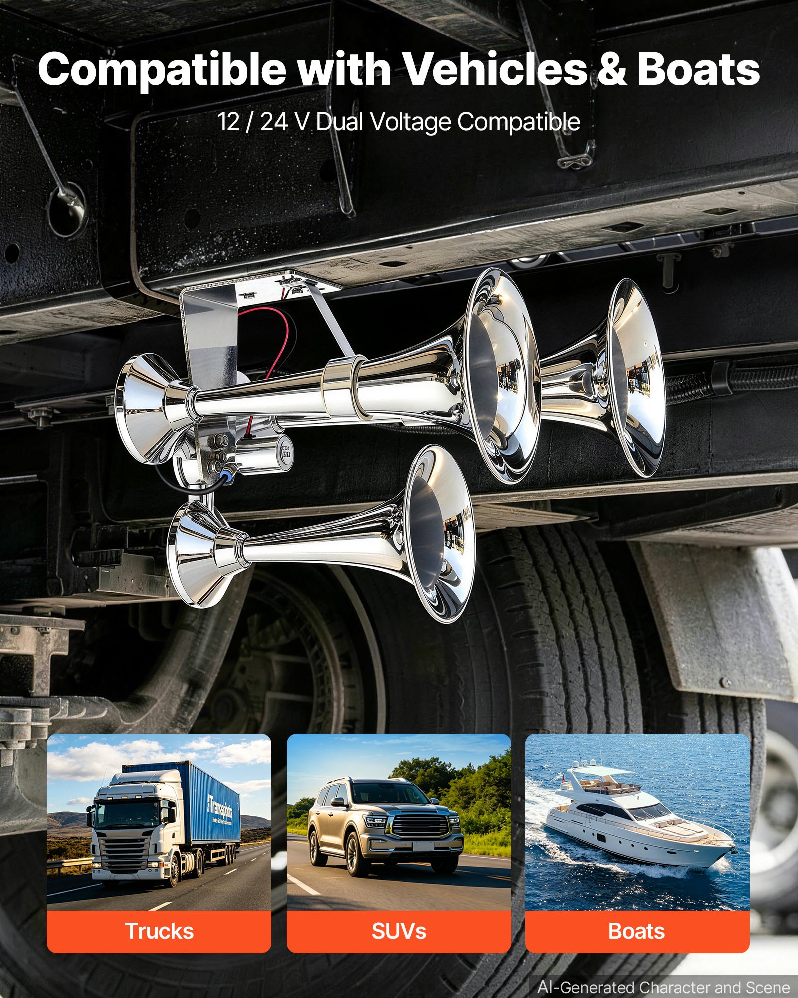 VEVOR 3-Trumpet Air Horn 150dB Super Loud Train Horn for Trucks SUVs, Fits 12V/24V Vehicles & Boats, Powerful Sound, Strong Penetration, Built-in Solenoid Valve, High Airtightness, Heavy-Duty Metal