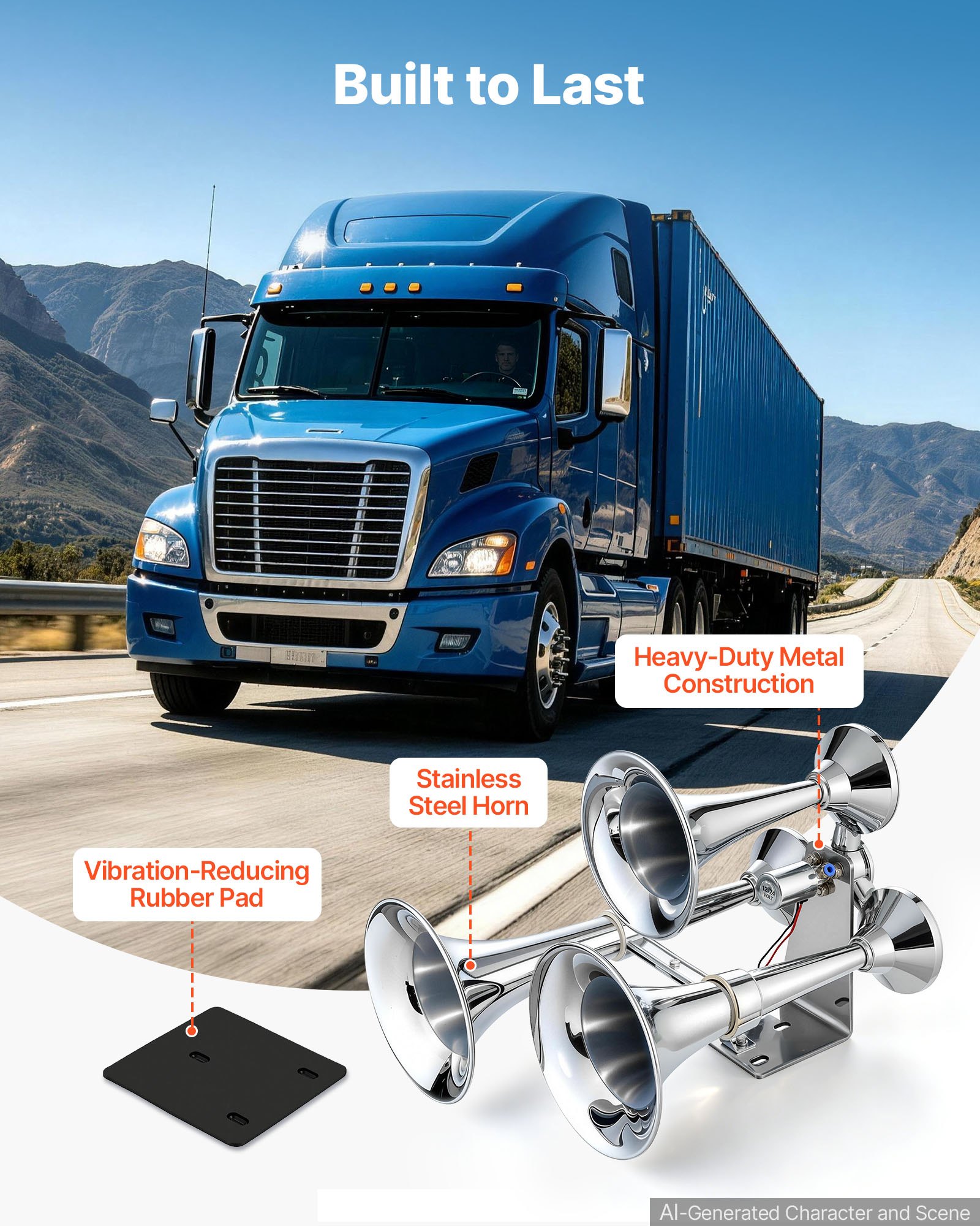 VEVOR 3-Trumpet Air Horn 150dB Super Loud Train Horn for Trucks SUVs, Fits 12V/24V Vehicles & Boats, Powerful Sound, Strong Penetration, Built-in Solenoid Valve, High Airtightness, Heavy-Duty Metal