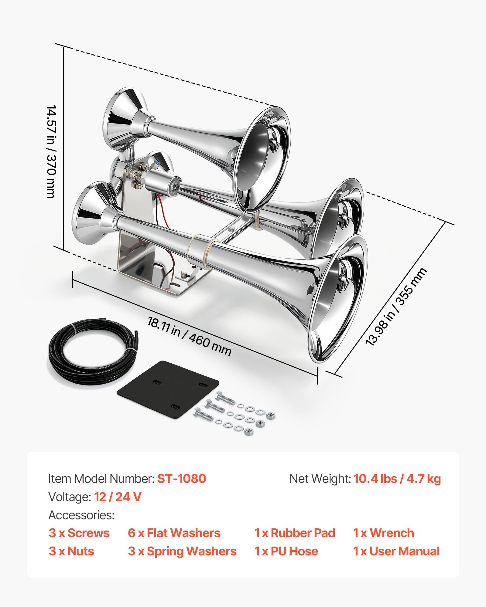 VEVOR 3-Trumpet Air Horn 150dB Super Loud Train Horn for Trucks SUVs, Fits 12V/24V Vehicles & Boats, Powerful Sound, Strong Penetration, Built-in Solenoid Valve, High Airtightness, Heavy-Duty Metal