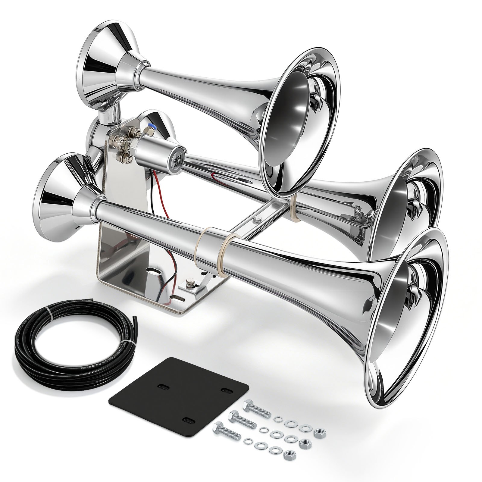 VEVOR 3-Trumpet Air Horn 150dB Super Loud Train Horn for Trucks SUVs, Fits 12V/24V Vehicles & Boats, Powerful Sound, Strong Penetration, Built-in Solenoid Valve, High Airtightness, Heavy-Duty Metal