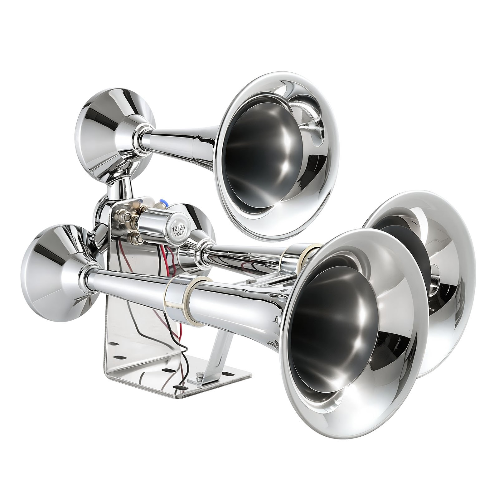 VEVOR 3-Trumpet Air Horn 150dB Super Loud Train Horn for Trucks SUVs, Fits 12V/24V Vehicles & Boats, Powerful Sound, Strong Penetration, Built-in Solenoid Valve, High Airtightness, Heavy-Duty Metal