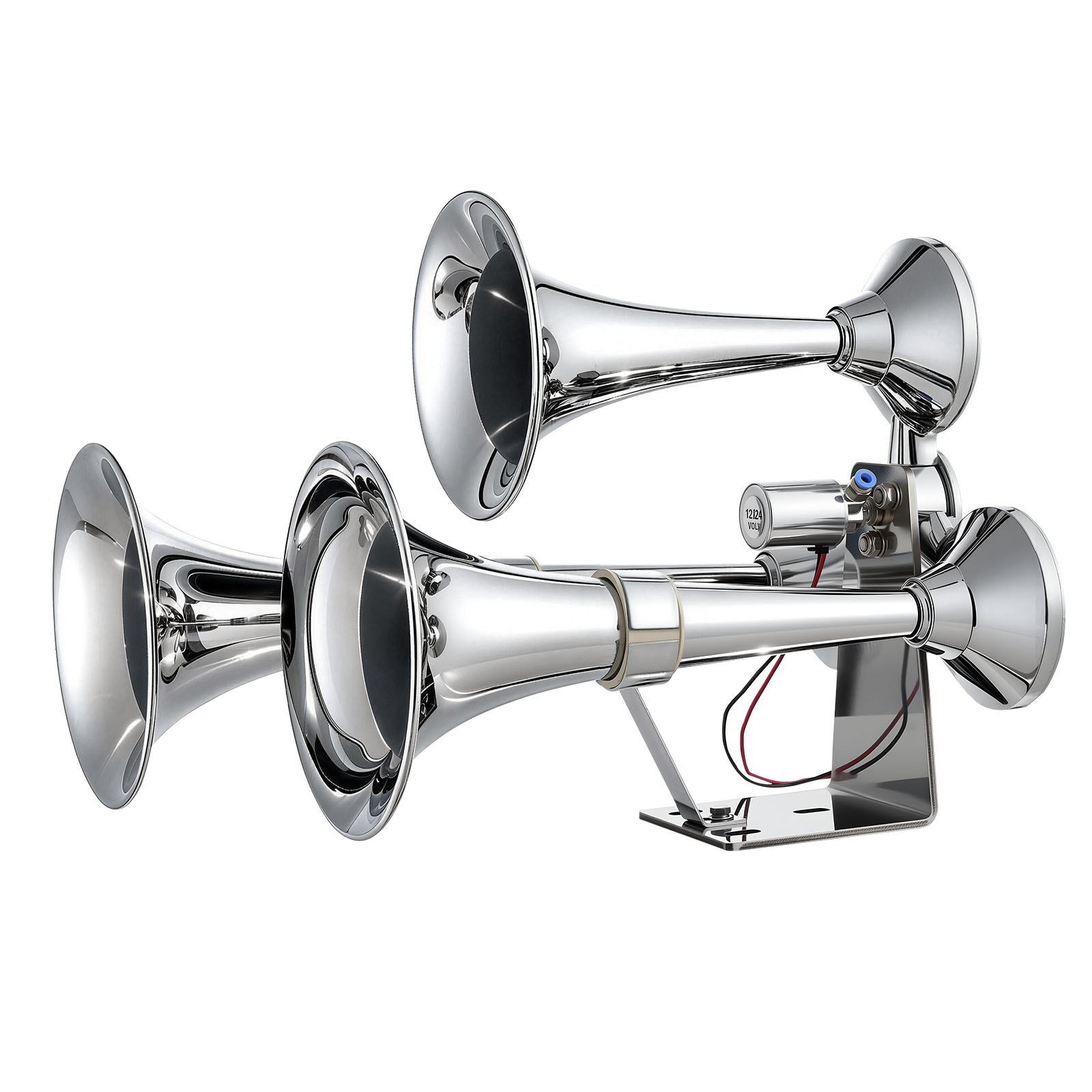 VEVOR 3-Trumpet Air Horn 150dB Super Loud Train Horn for Trucks SUVs, Fits 12V/24V Vehicles & Boats, Powerful Sound, Strong Penetration, Built-in Solenoid Valve, High Airtightness, Heavy-Duty Metal