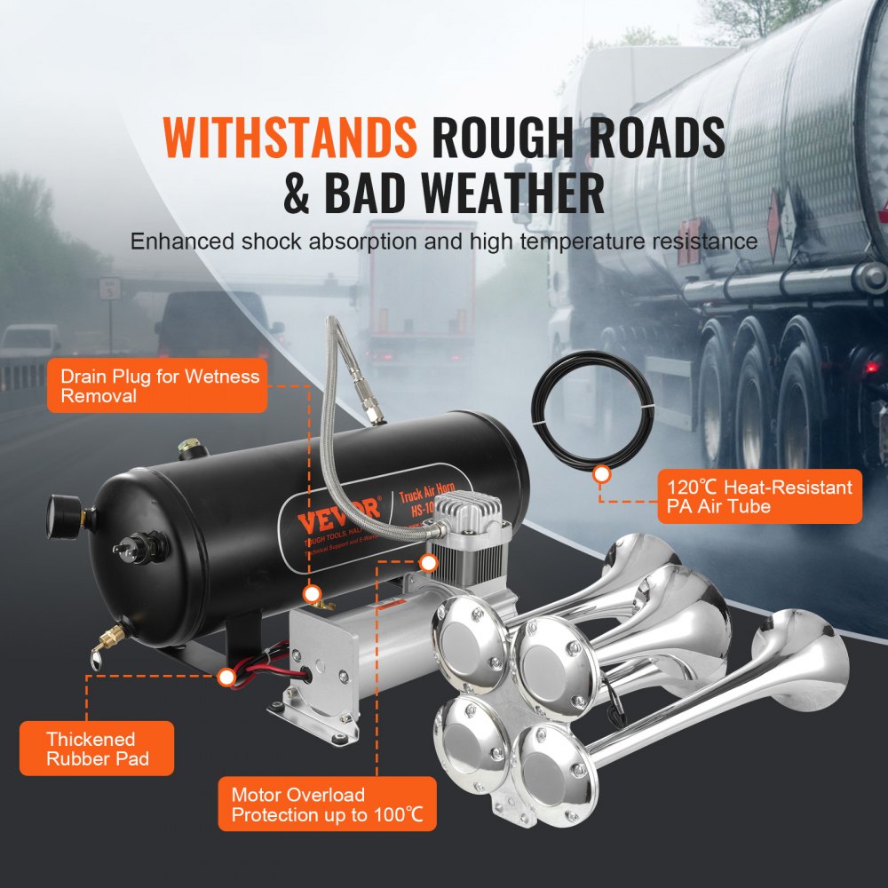 VEVOR Train Horns Kit, 4 Trumpet Air Horn Kit, 150dB Train Horns for Pickup Trucks, 12V 160 psi Air Compressor 2.6 Gal/10 L Tank with Gauge for Any 12V Vehicle Car Truck Train Van Boat