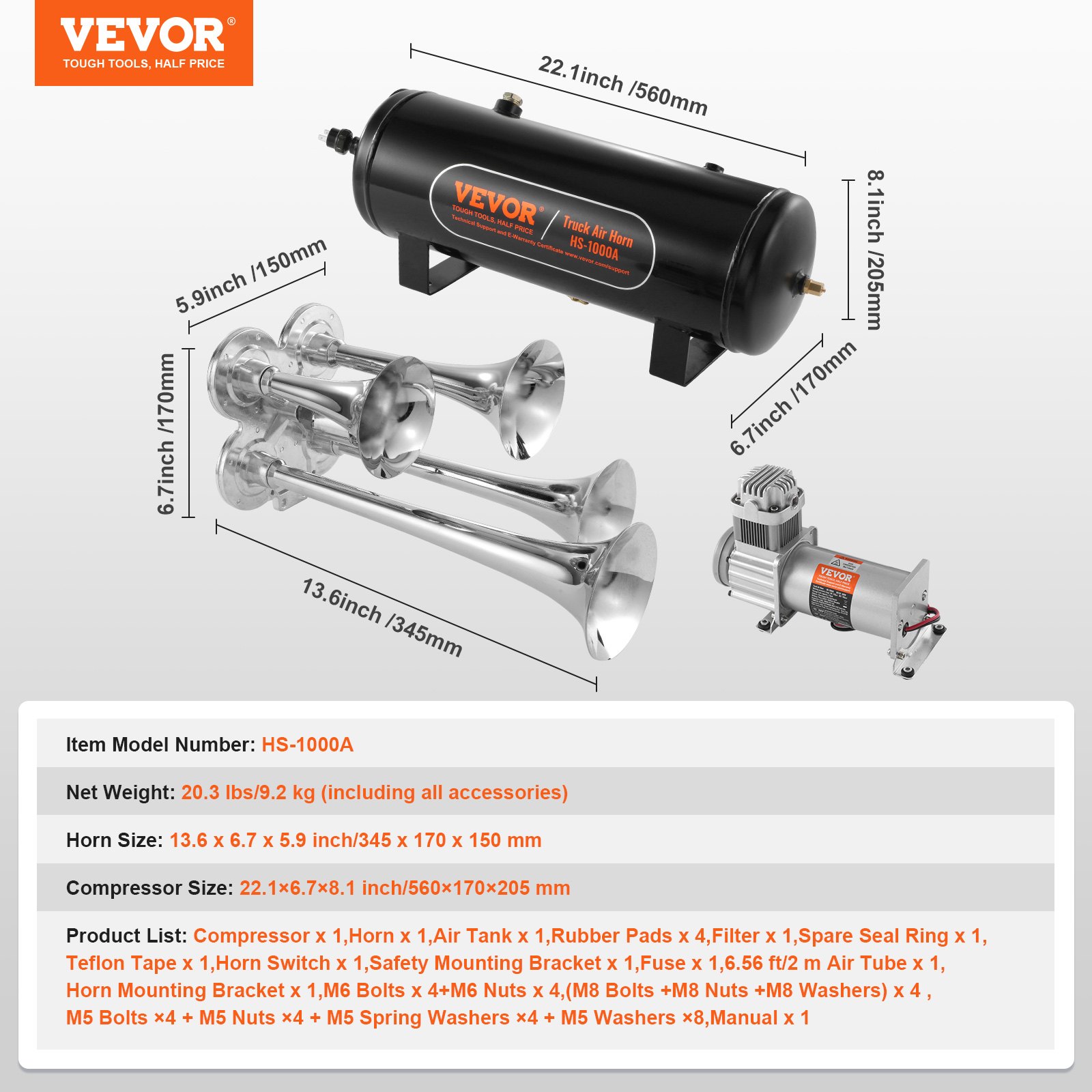 VEVOR Train Horns Kit, 4 Trumpet Air Horn Kit, 150dB Train Horns for Pickup Trucks, 12V 160 psi Air Compressor 2.6 Gal/10 L Tank with Gauge for Any 12V Vehicle Car Truck Train Van Boat
