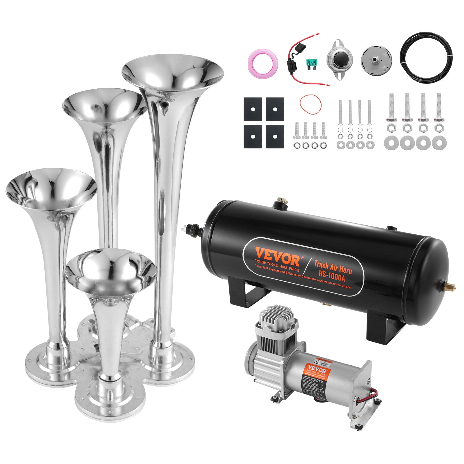 VEVOR Train Horns Kit, 4 Trumpet Air Horn Kit, 150dB Train Horns for Pickup Trucks, 12V 160 psi Air Compressor 2.6 Gal/10 L Tank with Gauge for Any 12V Vehicle Car Truck Train Van Boat
