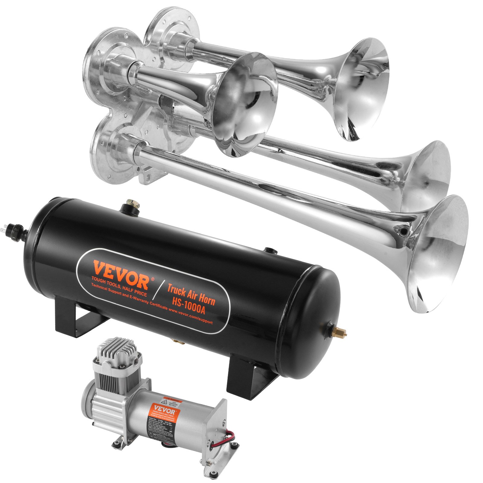 VEVOR Train Horns Kit, 4 Trumpet Air Horn Kit, 150dB Train Horns for Pickup Trucks, 12V 160 psi Air Compressor 2.6 Gal/10 L Tank with Gauge for Any 12V Vehicle Car Truck Train Van Boat