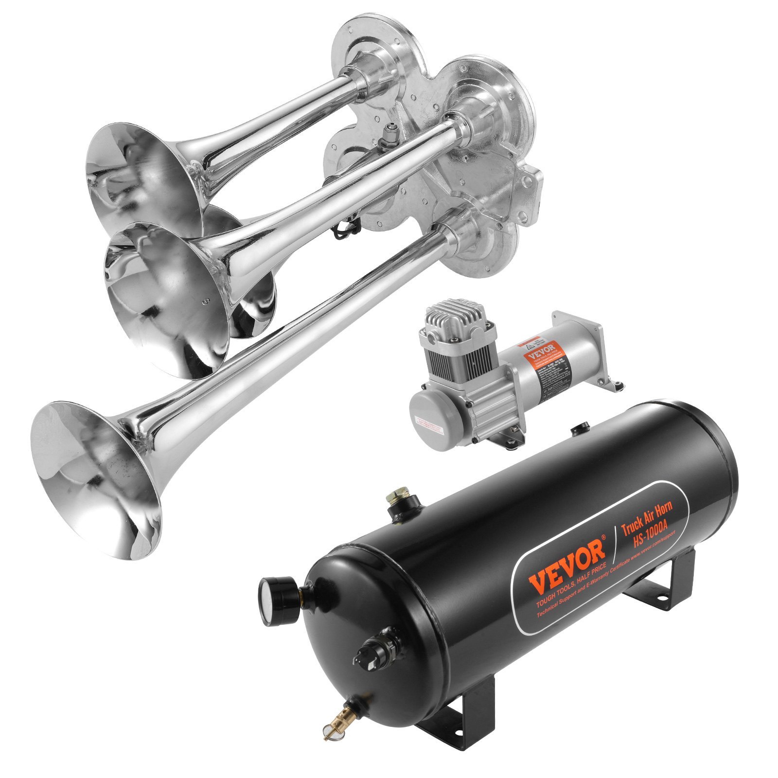 VEVOR Train Horns Kit, 4 Trumpet Air Horn Kit, 150dB Train Horns for Pickup Trucks, 12V 160 psi Air Compressor 2.6 Gal/10 L Tank with Gauge for Any 12V Vehicle Car Truck Train Van Boat