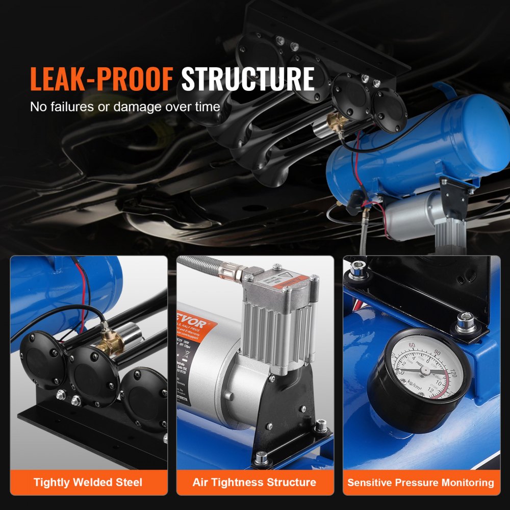 VEVOR Train Horns Kit, 4 Trumpet Air Horn Kit, 150dB Train Horns for Pickup Trucks, 12V 120 psi Air Compressor 1.6 Gal/6 L Tank with Gauge for Any 12V Vehicle Car Truck Train Van Boat