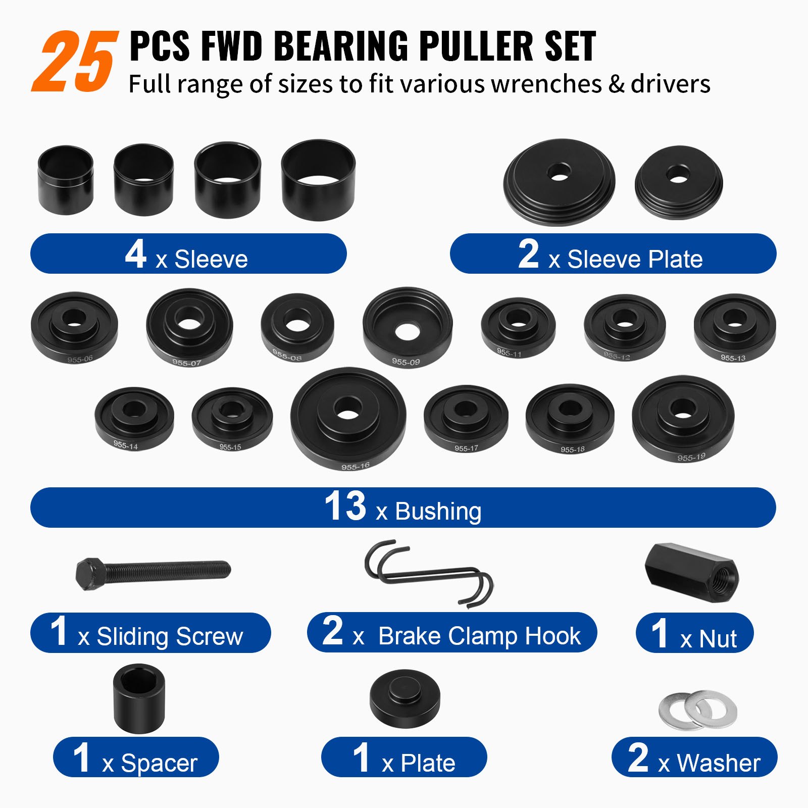 VEVOR FWD Front Wheel Drive Bearing Adapters Puller, 25 PCS, 45# Steel Press Replacement Installer Removal Tools Kit, Wheel Bearing Puller Tool Works on Most FWD Cars & Light Trucks 
