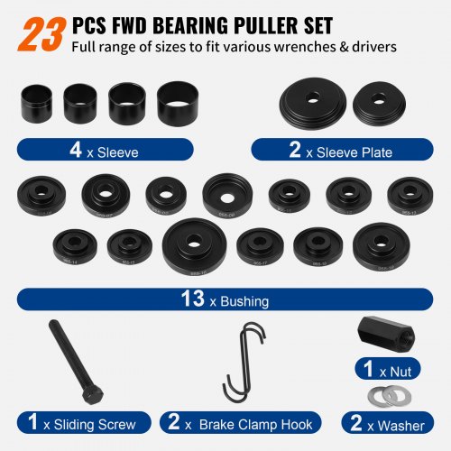 VEVOR FWD Front Wheel Drive Bearing Adapters Puller, 23 PCS, 45# Steel Press Replacement Installer Removal Tools Kit, Wheel Bearing Puller Tool Works on Most FWD Cars & Light Trucks 