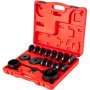 VEVOR front wheel drive bearing puller in a red carrying case with black components and organized slots.