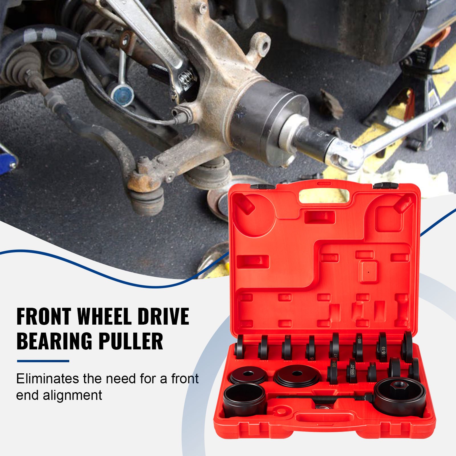 VEVOR front wheel drive bearing puller with carrying case, showcased beside a car suspension system.