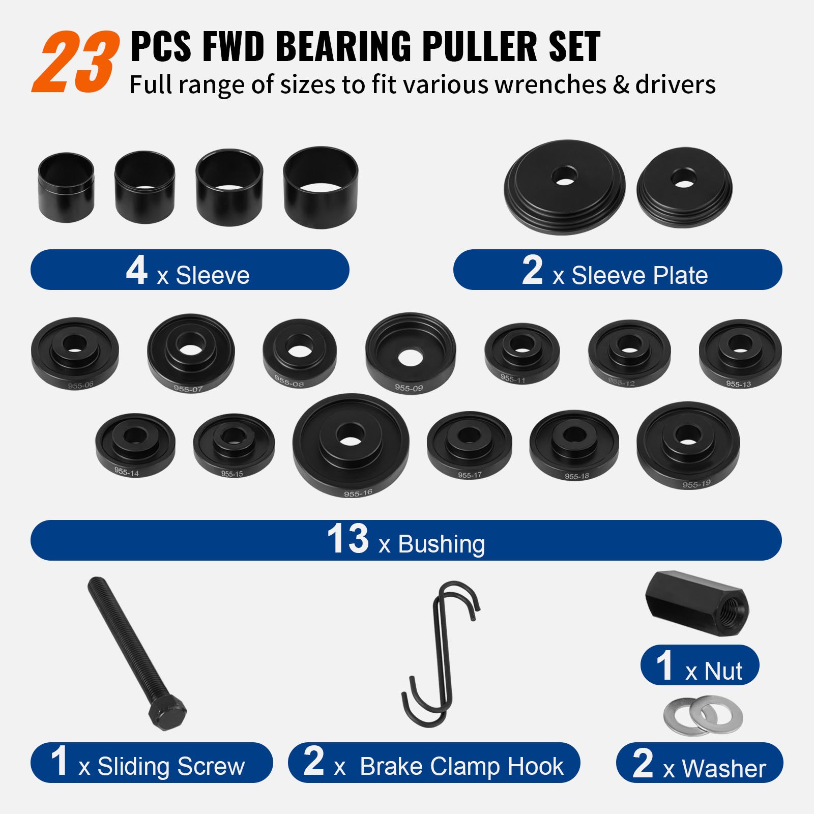 23 pcs VEVOR front wheel drive bearing puller set with assorted sleeves, bushings, and tools.