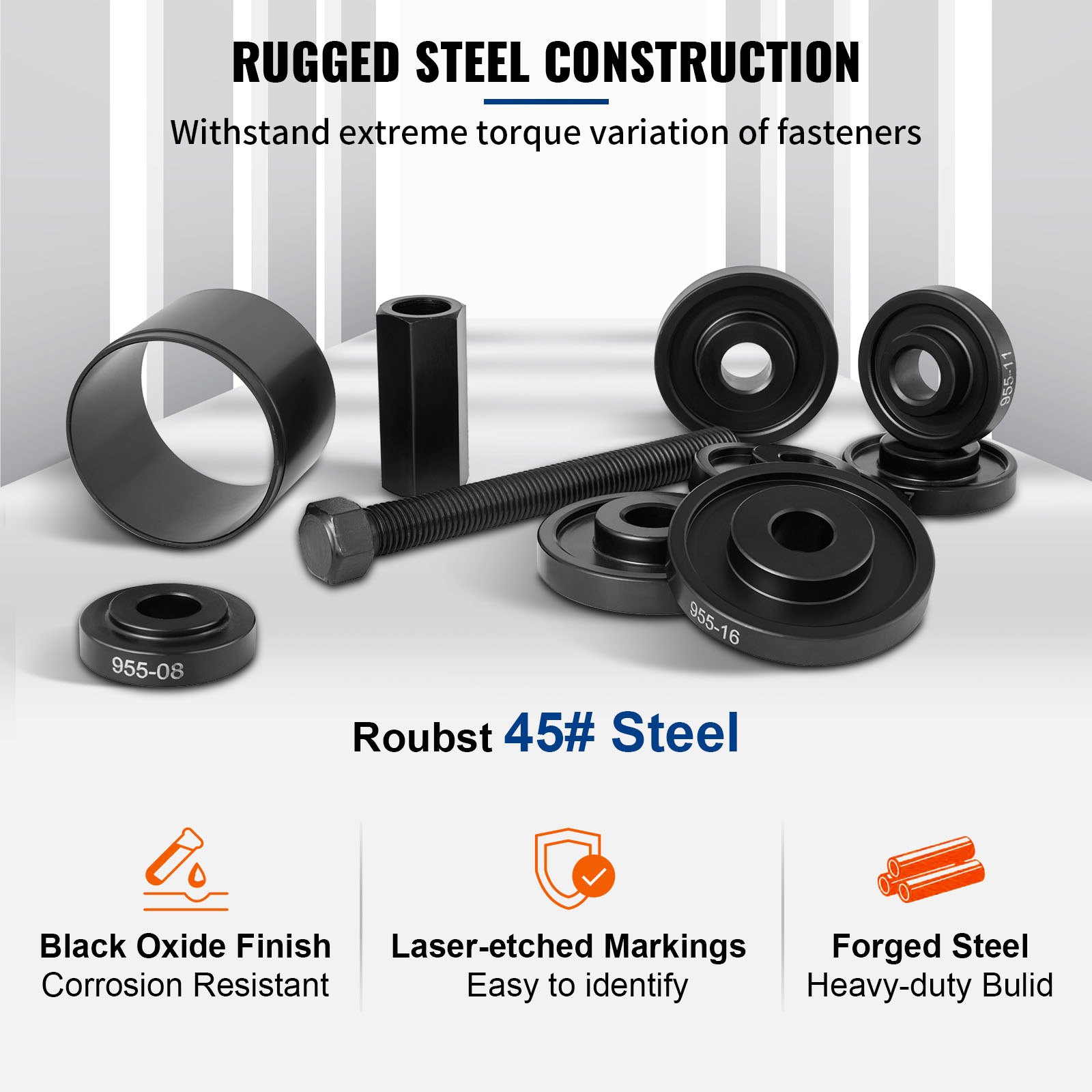 VEVOR front wheel drive bearing puller with durable black oxide finish and laser-etched markings.