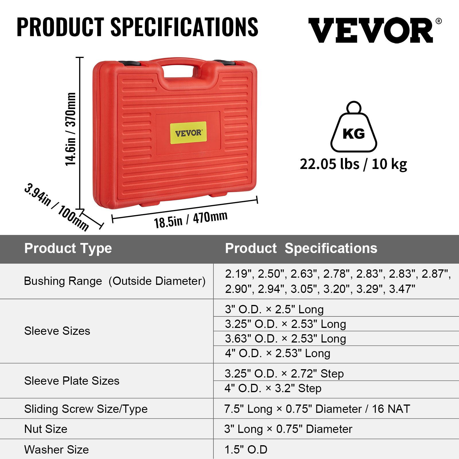 red VEVOR front wheel drive bearing puller case, labeled dimensions and specifications in lbs/kg.
