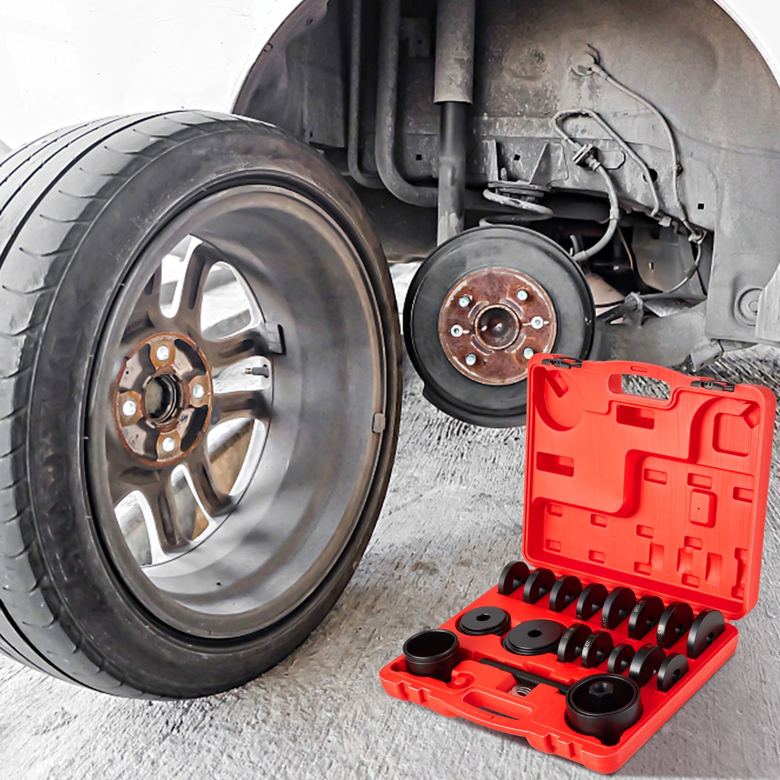 VEVOR front wheel drive bearing puller kit with red case and car wheel removal process.