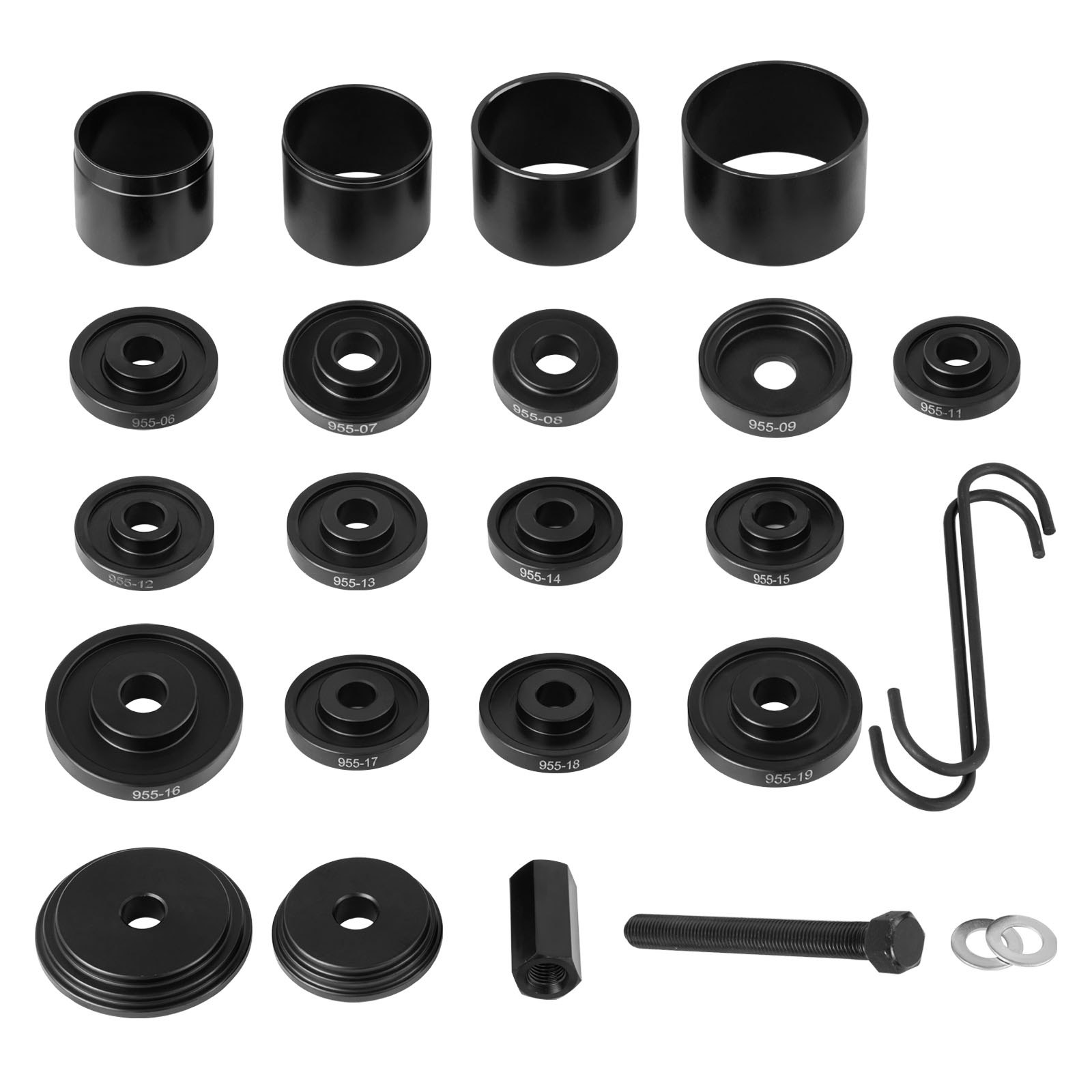 VEVOR front wheel drive bearing puller set with various black steel components arranged neatly.