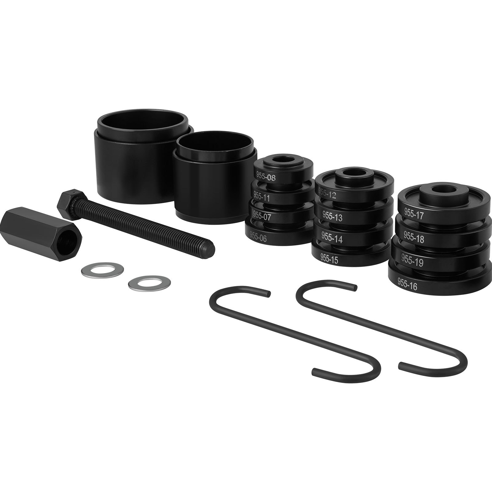 VEVOR front wheel drive bearing puller kit with various components and accessories in black.