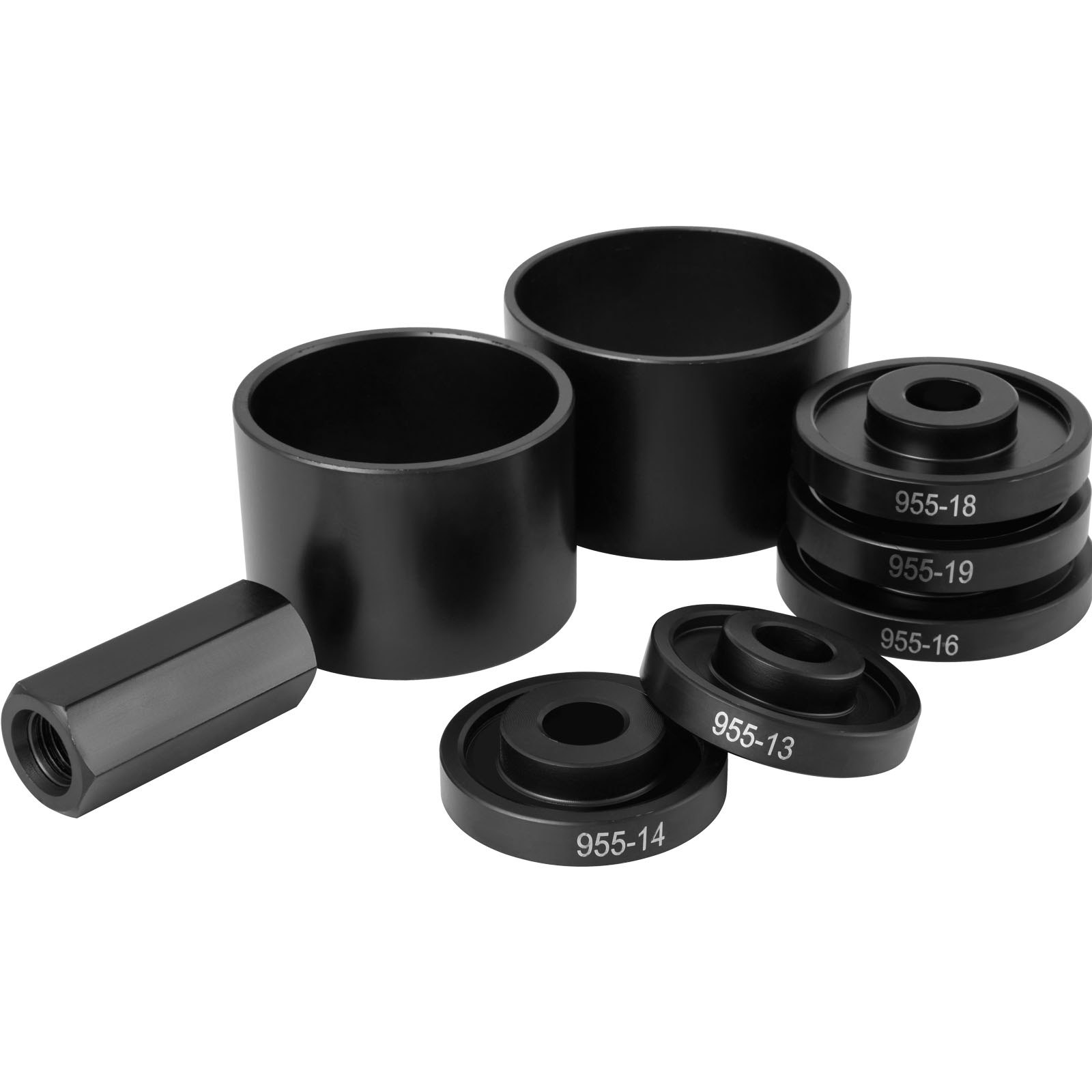black steel components of VEVOR front wheel drive bearing puller arranged on a white background.