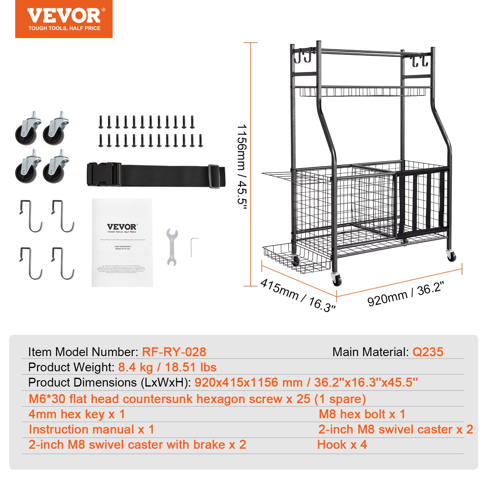 VEVOR Sports Equipment Garage Organizer, Rolling Ball Storage Cart on Wheels, Basketball Rack with Baskets & Hooks, Indoor/Outdoor Sports Gear and Toys Storage, Steel Sports Equipment Organizer, Black