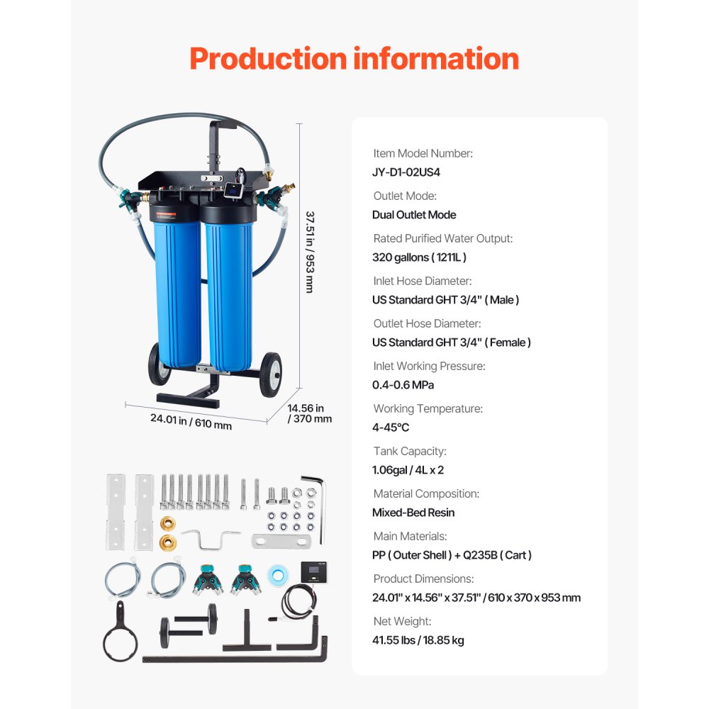 VEVOR Deionized Water System for Car Wash, Premium Water Deionizer For Car Washing with Integrated TDS Meter, Spotless Water Spot Remover Filter with Dual Outlet Mode, Fit for Cars/RVs/Motorcycles