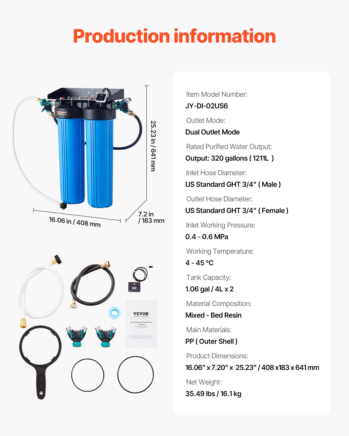 VEVOR Deionized Water System for Car Wash, Premium Water Deionizer For Car Washing with Integrated TDS Meter, Spotless Water Spot Remover Filter with Dual Outlet Mode, Fit for Cars/RVs/Motorcycles