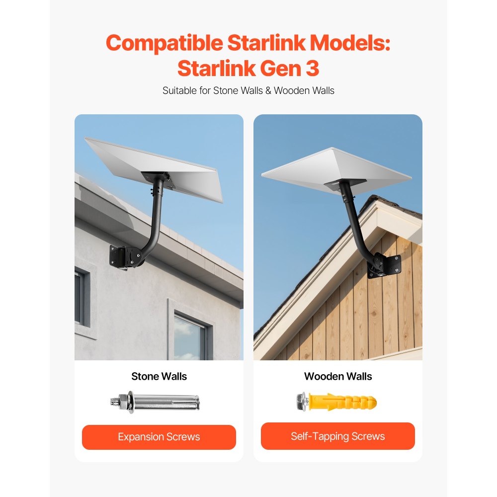 VEVOR Starlink Gen 3 Mount, Adjustable Angle Wall Mounting Standard Gen 3 Pipe Kit, Heavy-Duty Steel Long Starlink Pole Adapter, Compatible with Gen3 and V3, Easy to Assembly, Black