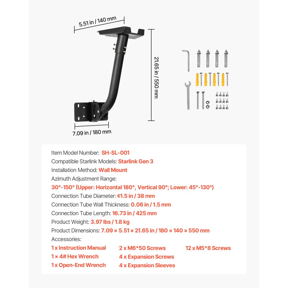 VEVOR Starlink Gen 3 Mount, Adjustable Angle Wall Mounting Standard Gen 3 Pipe Kit, Heavy-Duty Steel Long Starlink Pole Adapter, Compatible with Gen3 and V3, Easy to Assembly, Black
