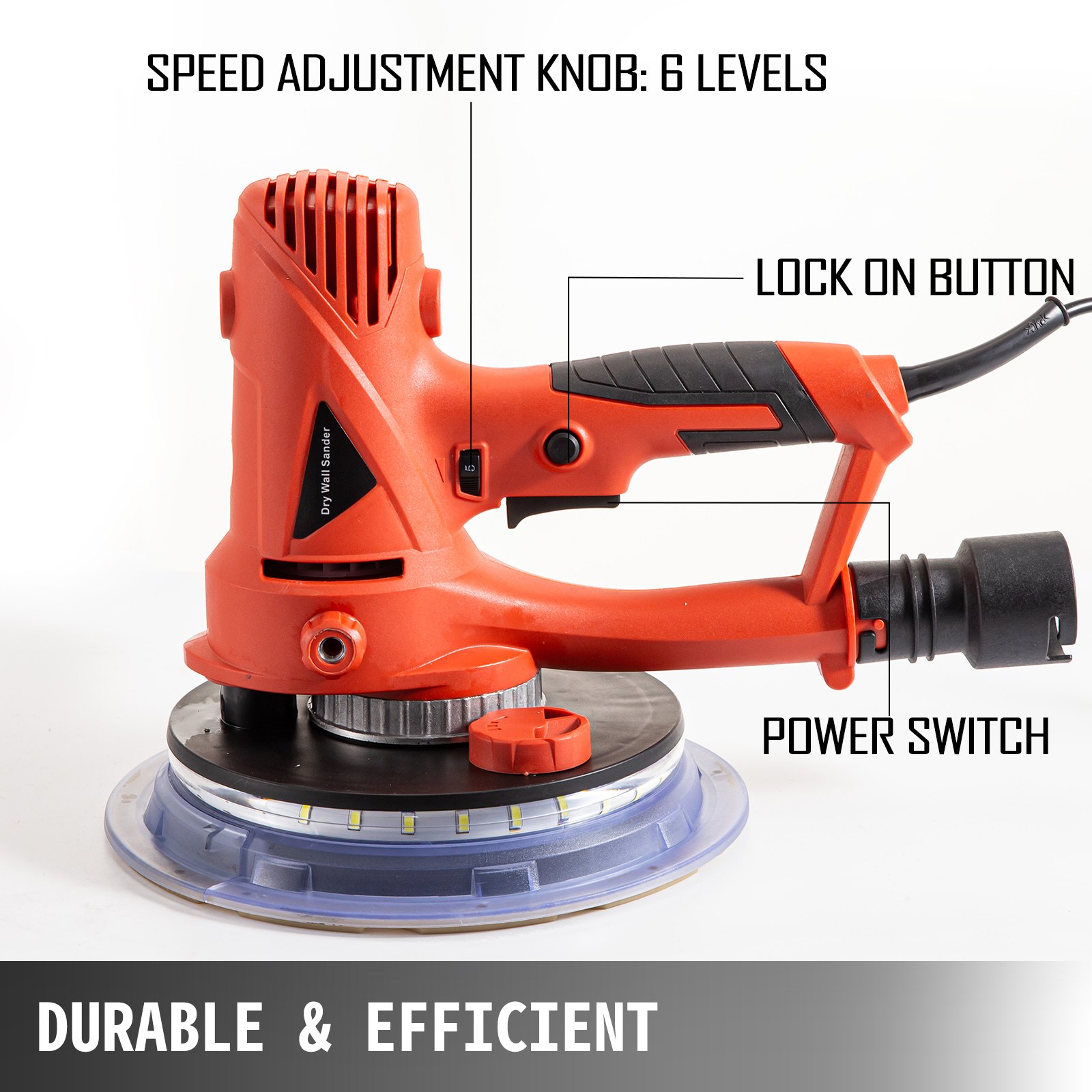 VEVOR Lijadora para paneles de yeso de 710 W, lijadora eléctrica para paneles de yeso con sistema de vacío automático y luz LED, velocidad variable 1200-2500 RPM, lijadora de mano para paneles de yeso con bolsa de vacío de transporte y 6 discos de lijado