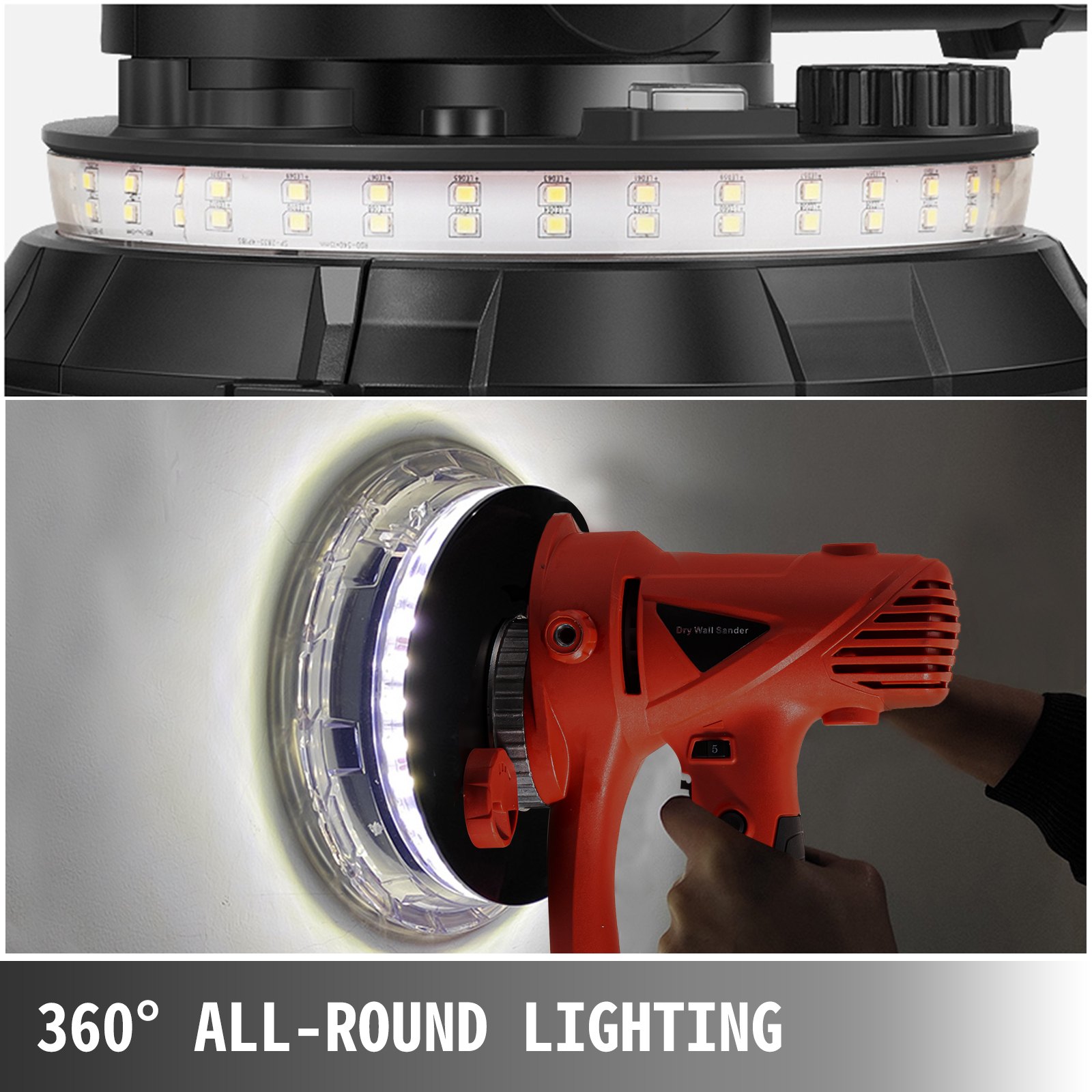 VEVOR Lijadora para paneles de yeso de 710 W, lijadora eléctrica para paneles de yeso con sistema de vacío automático y luz LED, velocidad variable 1200-2500 RPM, lijadora de mano para paneles de yeso con bolsa de vacío de transporte y 6 discos de lijado