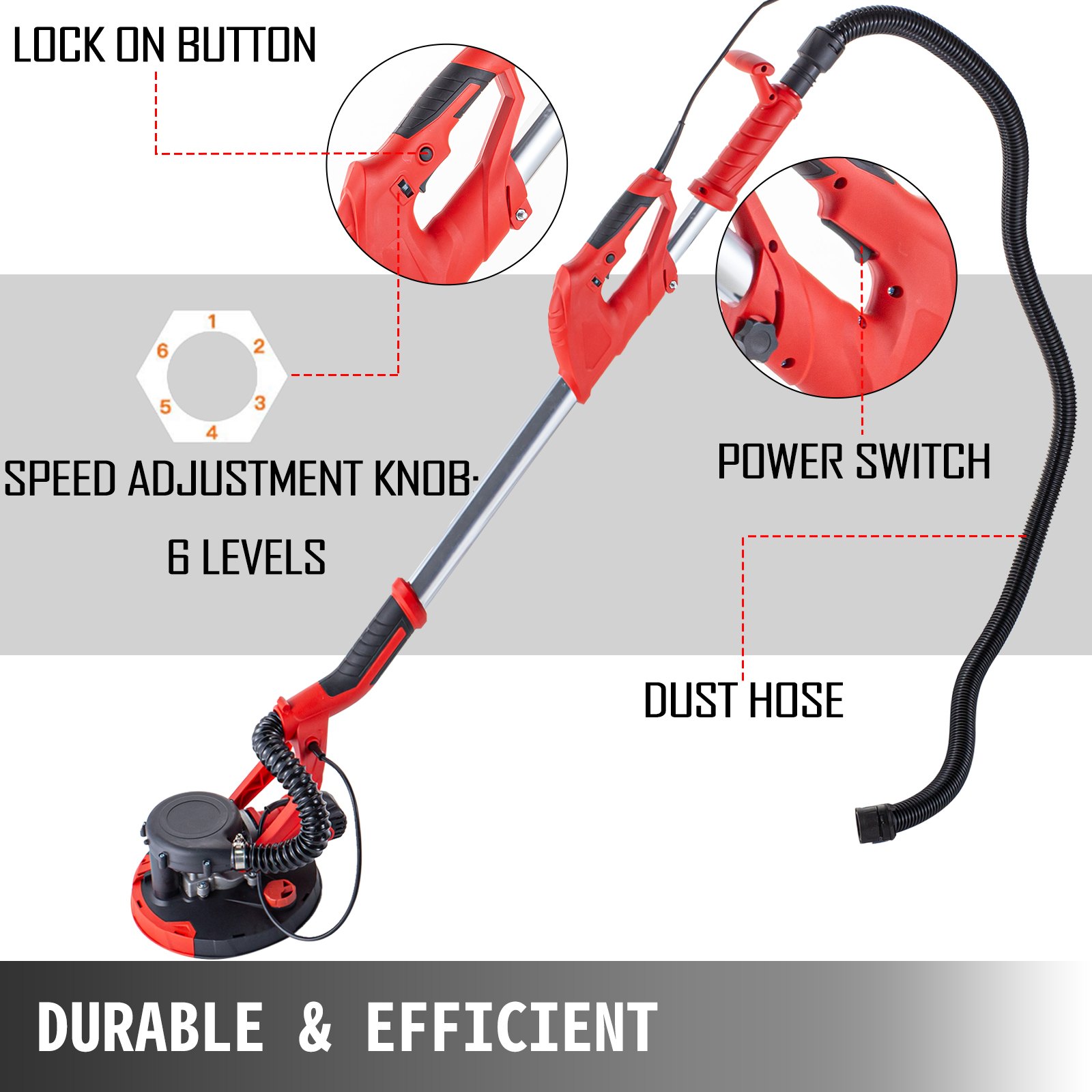 Drywall Sander 850w Wall Grinding Extendable W/ Vacuum System 6 Sanding Discs