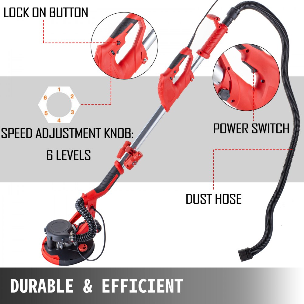 Drywall Sander 750W 225mm Extendable Handle 5 Speed w/ LED light Vacuum Bag