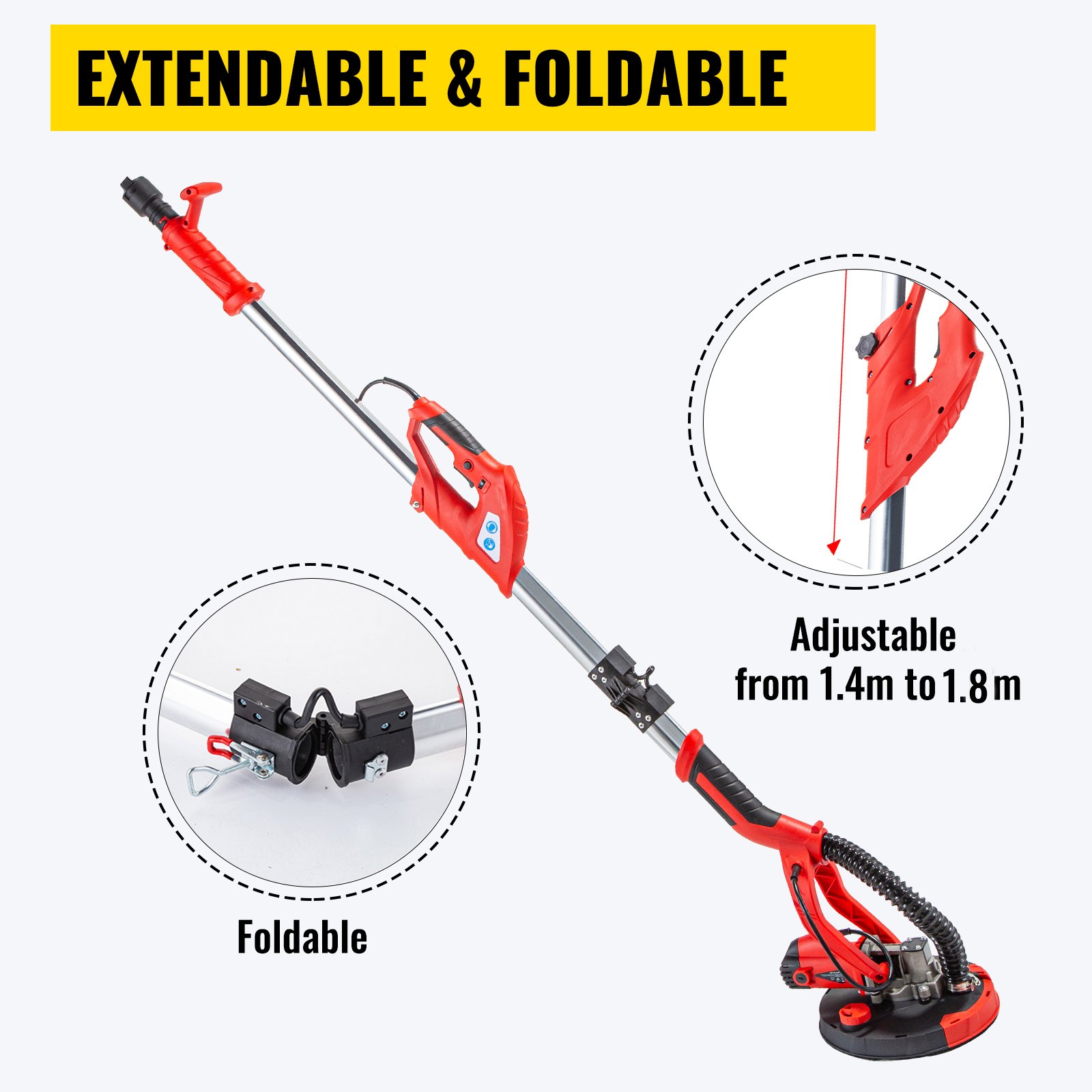 VEVOR Drywall Sander 850W Electric Drywall Sander Foldable Sheetrock Sander with Telescope Handle Electric Sander Variable Speed 800-1750RPM Wall Sander with 6 Sand Pads Durable Drywall Sanders