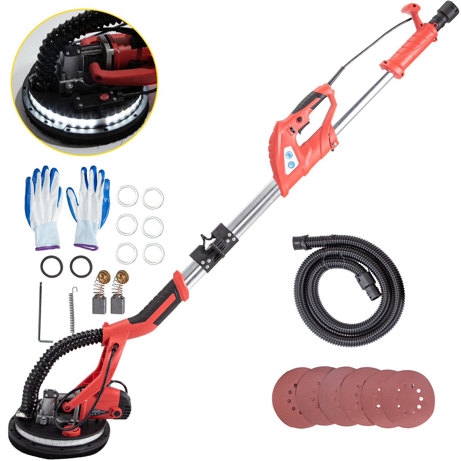 VEVOR Electric Drywall Sander 850W with LED Strip Light, Foldable Sheetrock Sander with Extendable Handle Variable Speed 800-1750RPM,Drywall Sander with 6 Sand Pads