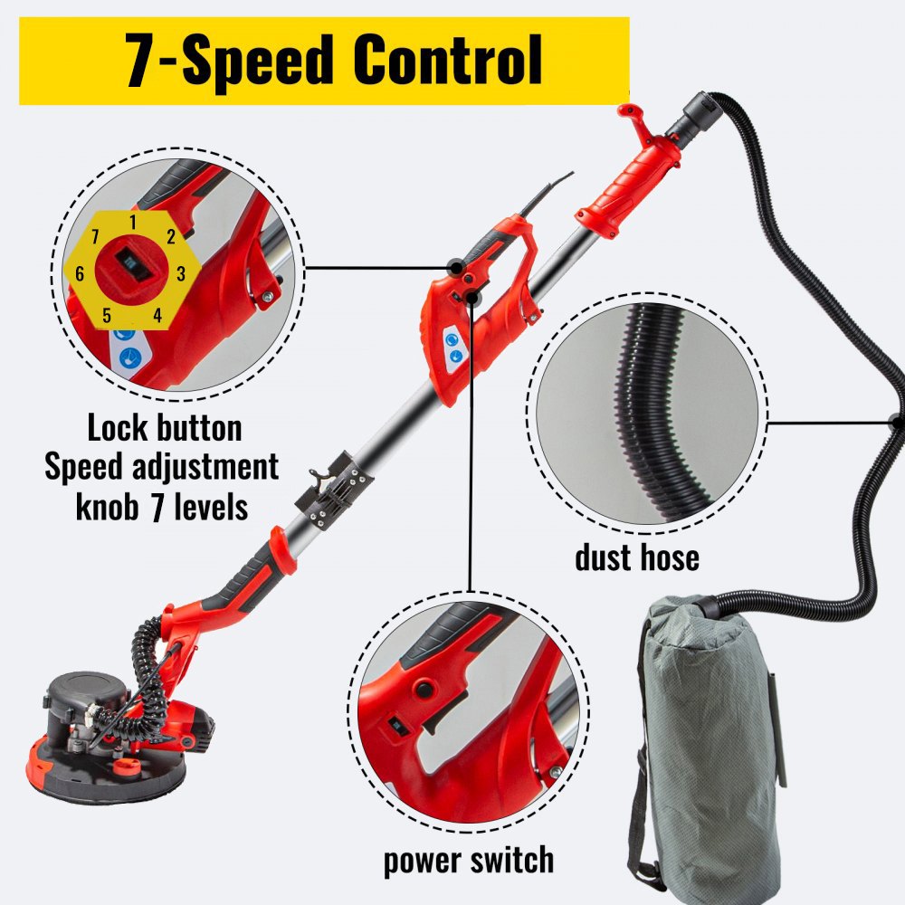 Lijadora de yeso eléctrica VEVOR de 850 W con velocidad variable de 800 a 1750 RPM, lijadora plegable para paneles de yeso, con mango telescópico y bolsa de vacío, 6 almohadillas de lijado.