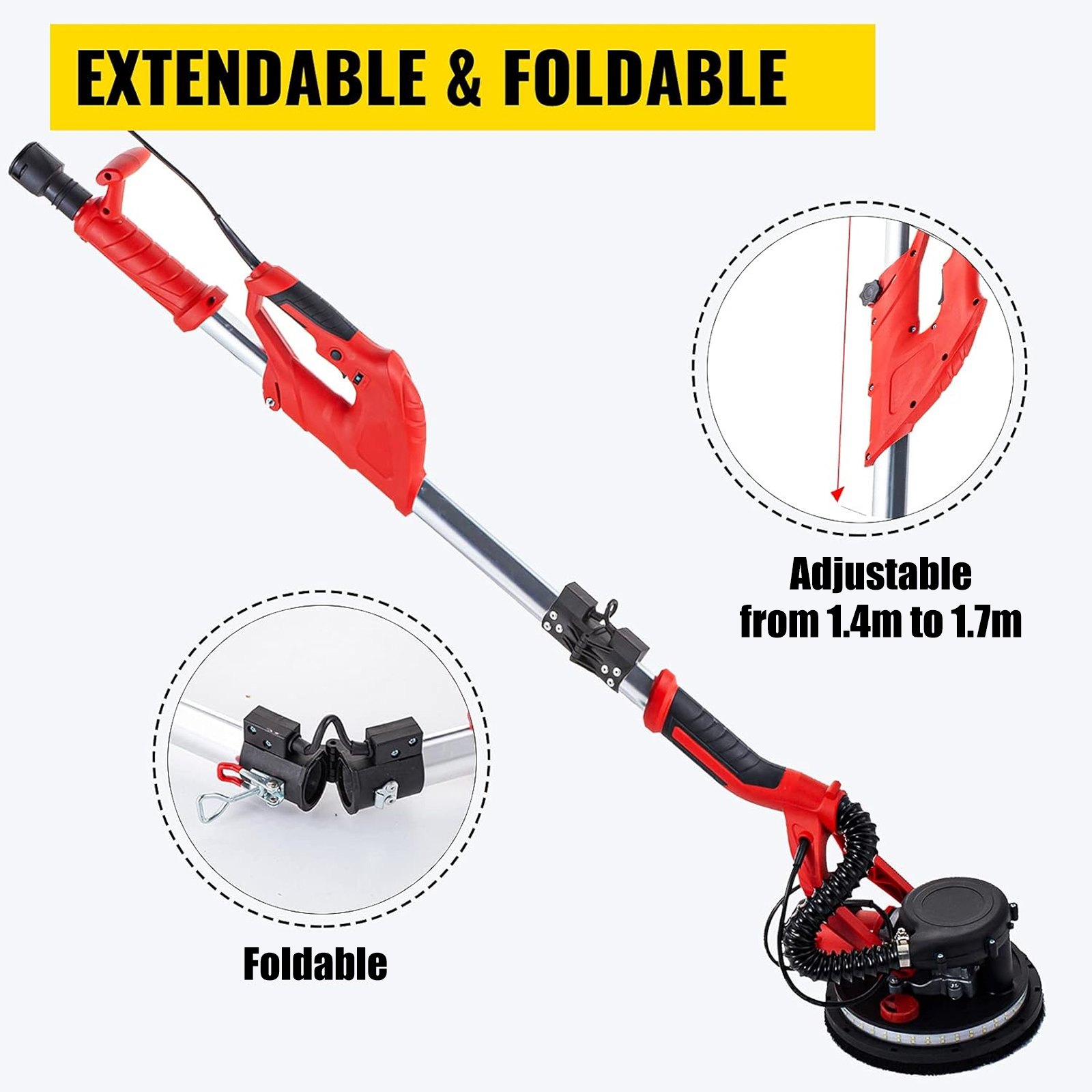 VEVOR Drywall Sander 750W, Electric Drywall Sander, Foldable Sheetrock Sander, with Telescope Handle, Electric Sander, Variable Speed 800-1750 RPM, Wall Sander, with LED Strip Light and Vacuum Bag