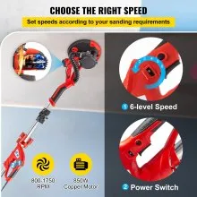 VEVOR Drywall Sander 850W Electric Drywall Sander Foldable Sheetrock Sander with Telescope Handle, Electric Sander Variable Speed 800-1750RPM, Wall Sander with LED Lights and Vacuum Bag, 6 Sand Pad
