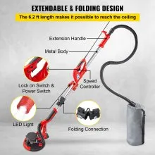 VEVOR Drywall Sander 850W Electric Drywall Sander Foldable Sheetrock Sander with Telescope Handle, Electric Sander Variable Speed 800-1750RPM, Wall Sander with LED Lights and Vacuum Bag, 6 Sand Pad