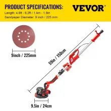 VEVOR Drywall Sander 850W Electric Drywall Sander Foldable Sheetrock Sander with Telescope Handle, Electric Sander Variable Speed 800-1750RPM, Wall Sander with LED Lights and Vacuum Bag, 6 Sand Pad
