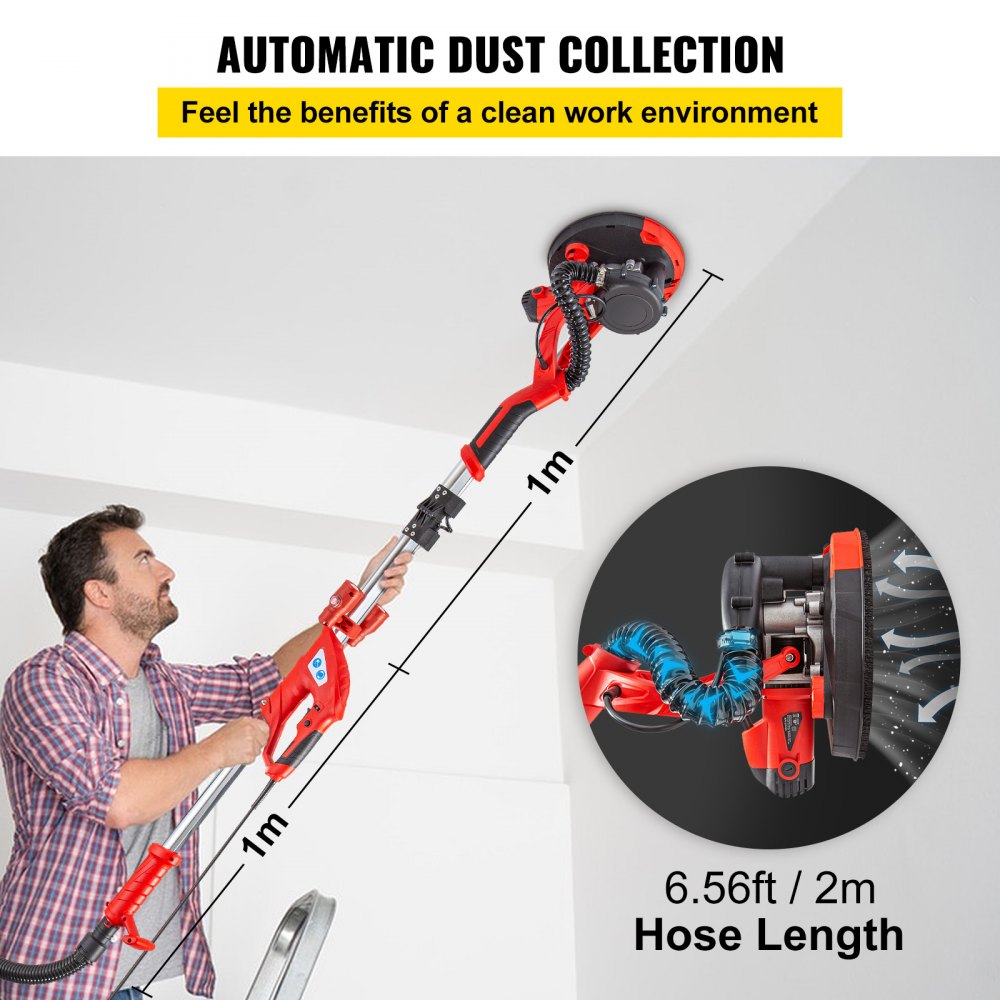 VEVOR Electric Drywall Sander 750W Drywall Sander Foldable Sheetrock Sander with Telescope Handle Electric Sander Variable Speed 800-1750RPM Wall Sander with LED spotlights on the handle and Vacuum Bag, 6 Sand Pads