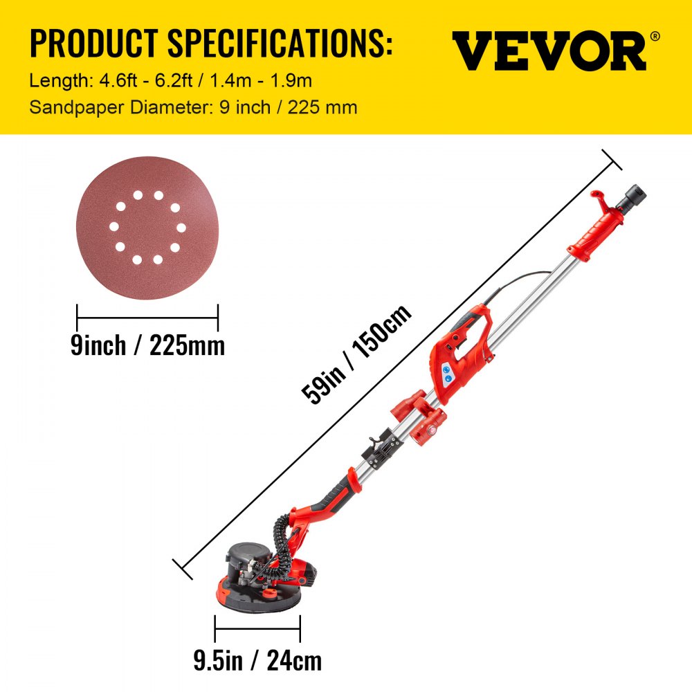 VEVOR Electric Drywall Sander 750W Drywall Sander Foldable Sheetrock Sander with Telescope Handle Electric Sander Variable Speed 800-1750RPM Wall Sander with LED spotlights on the handle and Vacuum Bag, 6 Sand Pads