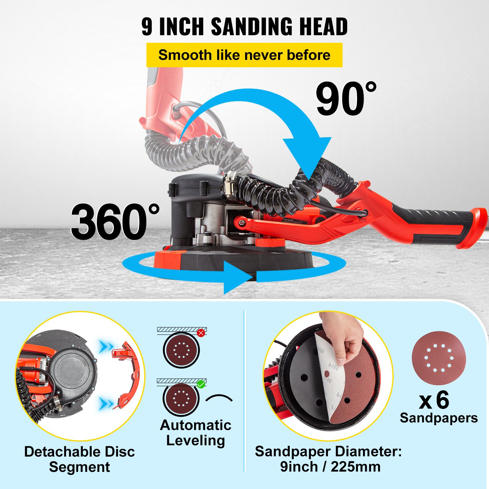 VEVOR Electric Drywall Sander 750W Drywall Sander Foldable Sheetrock Sander with Telescope Handle Electric Sander Variable Speed 800-1750RPM Wall Sander with LED spotlights on the handle and Vacuum Bag, 6 Sand Pads