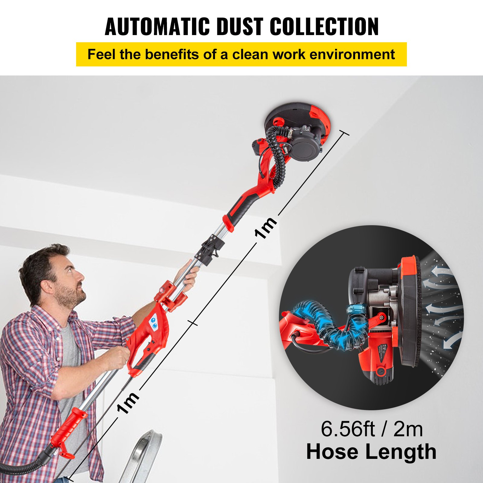 VEVOR Electric Drywall Sander 750W Drywall Sander Foldable Sheetrock Sander with Telescope Handle Electric Sander Variable Speed 800-1750RPM Wall Sander with LED spotlights on the handle and Vacuum Bag, 6 Sand Pads