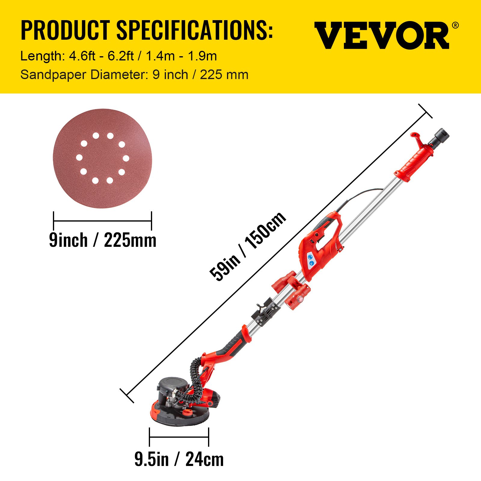 VEVOR Electric Drywall Sander 750W Drywall Sander Foldable Sheetrock Sander with Telescope Handle Electric Sander Variable Speed 800-1750RPM Wall Sander with LED spotlights on the handle and Vacuum Bag, 6 Sand Pads