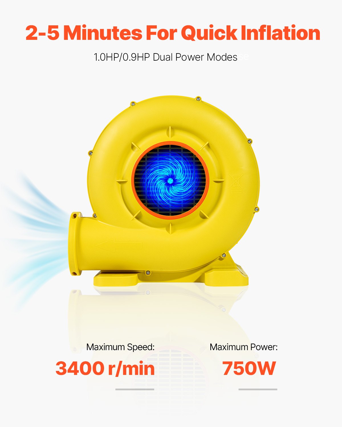 VEVOR Inflatable Blower, 680&750W, 1.0HP Bounce House Blower, Pump Commercial Air Blower for Inflatables, 3400RPM Bouncy Castle Electric Air Blower Fan Perfect for Bounce House, Waterslides, Yellow