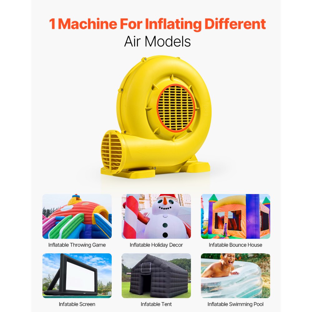 VEVOR Inflatable Blower, 590W&690W, 1.0 HP Bounce House Blower, Pump Commercial Air Blower for Inflatables, 2750RPM Bouncy Castle Electric Air Blower Fan Perfect for Bounce House, Waterslides, Yellow