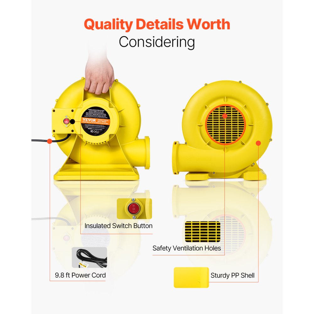 VEVOR Inflatable Blower, 590W&690W, 1.0 HP Bounce House Blower, Pump Commercial Air Blower for Inflatables, 2750RPM Bouncy Castle Electric Air Blower Fan Perfect for Bounce House, Waterslides, Yellow