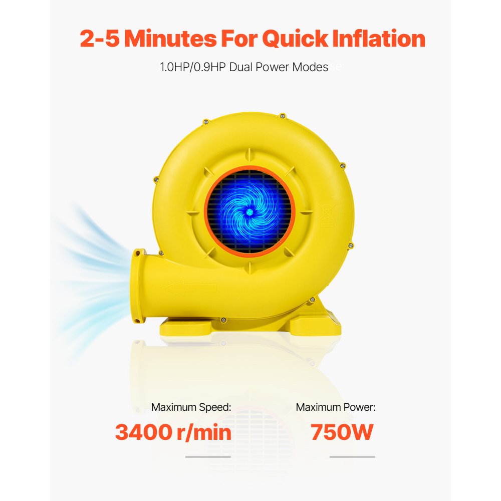 VEVOR Inflatable Blower, 590W&690W, 1.0 HP Bounce House Blower, Pump Commercial Air Blower for Inflatables, 2750RPM Bouncy Castle Electric Air Blower Fan Perfect for Bounce House, Waterslides, Yellow
